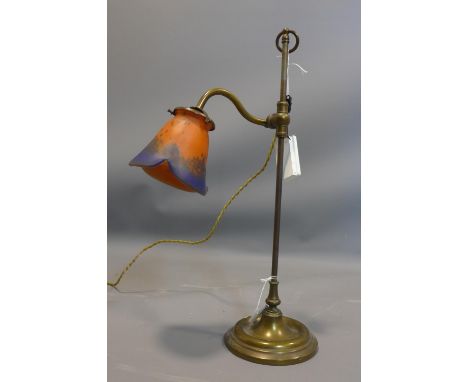 A vintage brass adjustable table lamp with Art Glass shade 