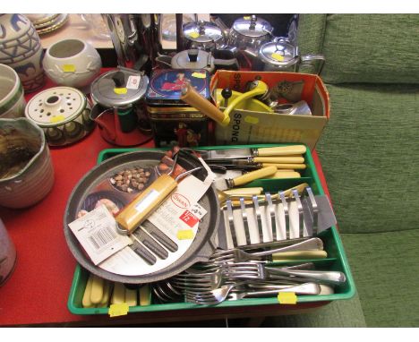 Stainless cutlery, teapots, chrome plated coffee percolator and Spong mincer