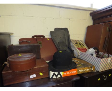BOWLER HAT, FLIPPERS, VINTAGE PIFCO HANDHELD VACUUM (NOT TO BE USED, SOLD AS AN ANTIQUE ITEM ONLY), LEATHER AND COMPOSITION C