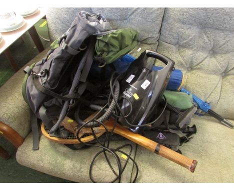 Morphy Richards Grimebuster vacuum, hiking rucksack, vintage tennis rackets, two-man tent and other items