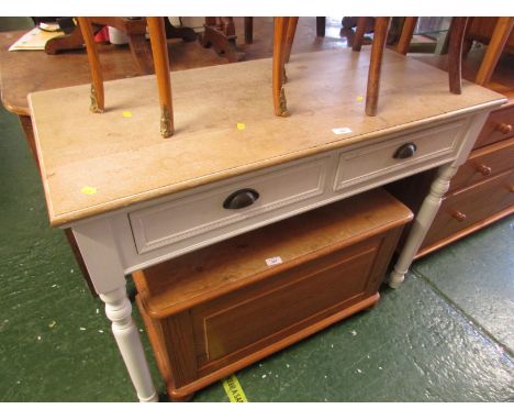 White painted two drawer hall table with light wood top.