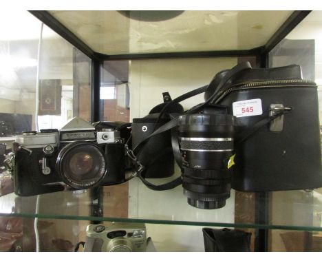 PETRI-FLEX V FILM CAMERA WITH CASE, ASSORTED LENSES, OTHER FILM CAMERAS, LIGHT METERS. (TWO SHELVES)