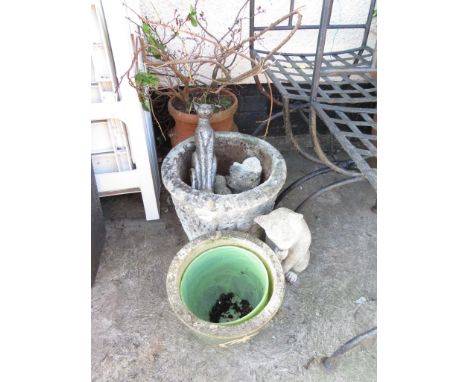GARDEN POTS, TERRACOTTA STRAWBERRY PLANTER WITH SHRUB AND CAT ORNAMENTS (A/F)