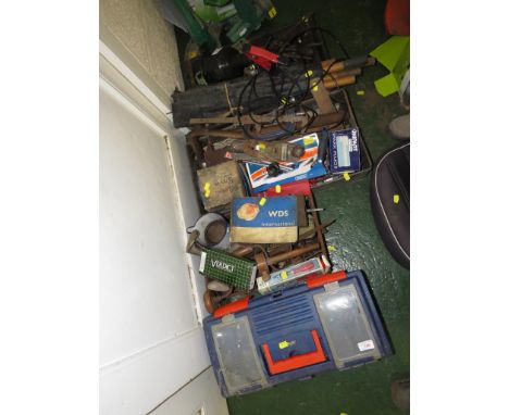 ASSORTED HAND TOOLS, INSPECTION LAMP ETC (CONTENTS OF THREE TRAYS AND PLASTIC TOOLBOX)