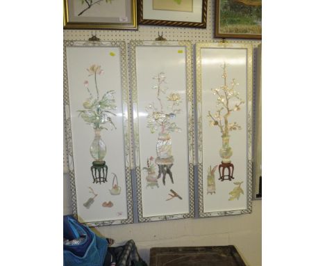 THREE CHINOISERIE WALL PANELS WITH MOTHER OF PEARL AND APPLIED RESIN DECORATION OF FLOWERS IN VASES
