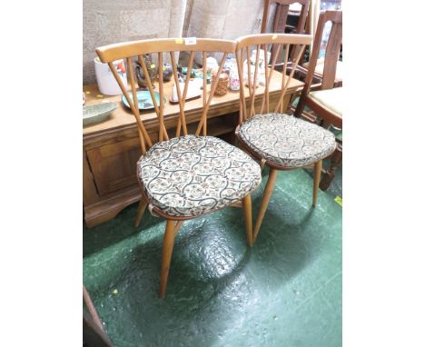 PAIR OF ERCOL LIGHT ELM STICKBACK DINING CHAIRS (TIE-ON SEAT CUSHIONS FOR ILLUSTRATION PURPOSES ONLY)