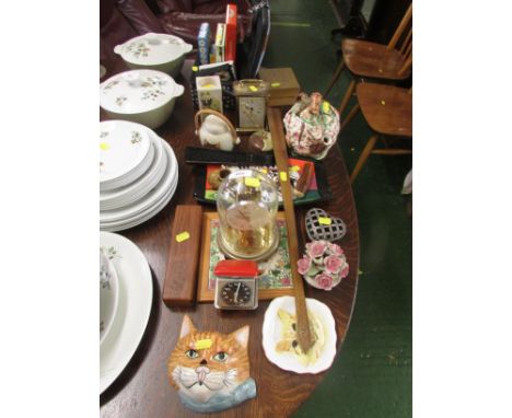 Assorted home and decorative items including Babbacombe Pottery cat wall mask, domed mantel clock, card games and other decor