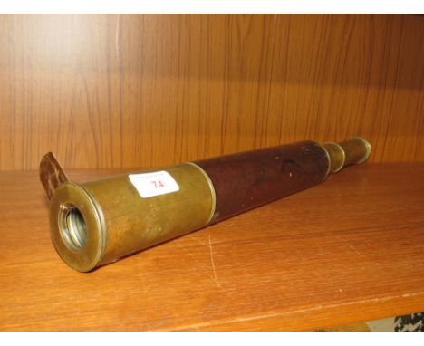 BRASS AND LEATHER CLAD THREE-DRAW TELESCOPE SIGNED 'M.MOSES SWANSEN, DAY OR NIGHT'