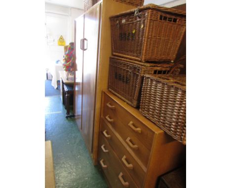 Vintage G-Plan light oak veneered two door wardrobe and matching five drawer chest.