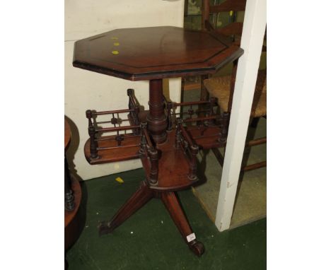 EDWARDIAN MAHOGANY BOOK STAND WITH HEXAGONAL TOP WITH EBONY INLAY AND A GALLERIED LOWER TIER AND TRIPOD FOOT