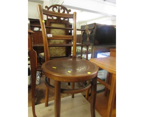 Mid wood side chair with embossed seat, and a light wood stool with vinyl seat