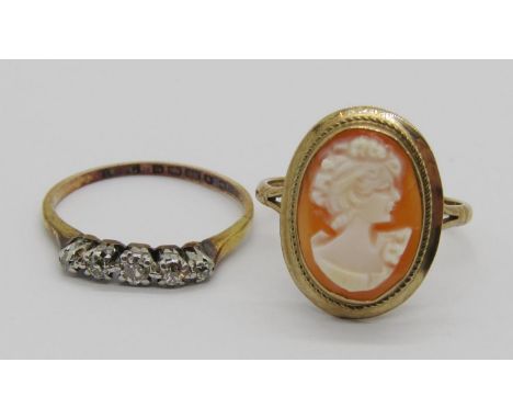 1930s 18ct five stone diamond ring, shank stamped 'Welsh Gold', size K/L, 1.8g and a 1990s 9ct cameo ring, size N/O, 2.3g 