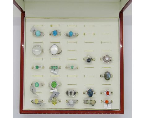 Collection of gem set silver dress rings, to include several opal examples, fire opal, pearl, labradorite, turquoise, mother 