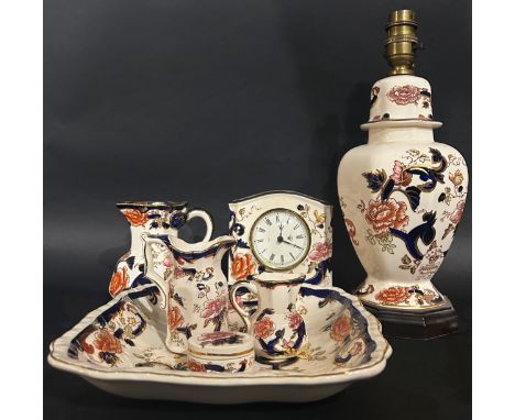 Masons Mandalay china to include an octagonal table lamp, mantle clock, dish, jugs, etc 