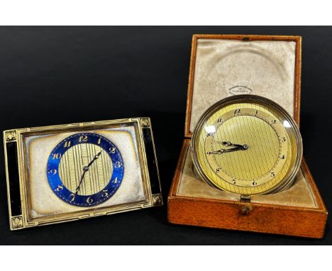 Art deco mantle clock, the slim case enclosing a blue enamel dial with 8 day striking movement, together with a further trave