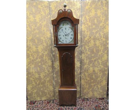 Regency mahogany Guernsey longcase clock with arched and painted dial, subsidiary calendar and secondary dials and eight day 