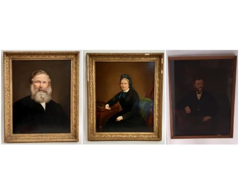 Three Victorian portraits of two gentlemen and a seated lady wearing a blue ribbon bonnet holding a letter, both portraits of