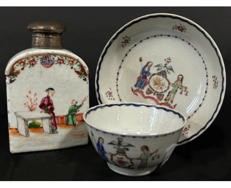 Early 19th century Chinese tea caddy with silver mushroom shaped stopper, together with further Chinese tea bowl and saucer f