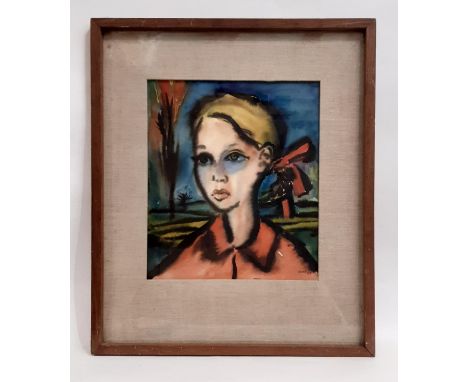 Mid 20th Century School - Half-portrait of a child with landscape behind, watercolour and ink on paper, signed 'Sovek/Sovele'