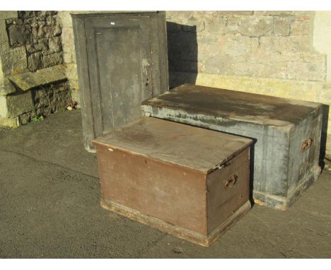 A 19th century pine box with hinged lid and dove tail construction, a further smaller example containing various tools and a 