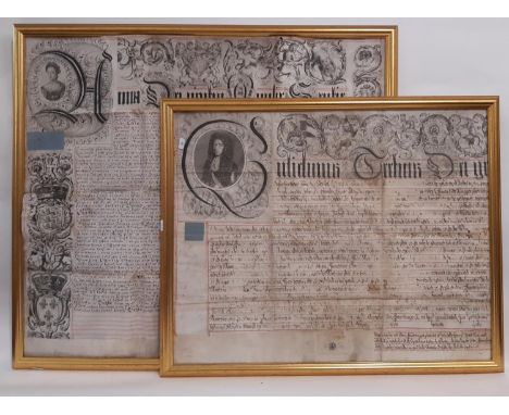 William III and Mary II document hand written and engraved in Latin on vellum, with ornately decorated borders  and each bear