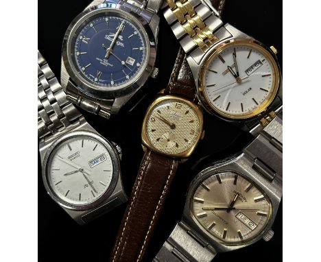 Five assorted gentleman’s wristwatches, to include a 9ct gold cased Avia 15 jewel example, others by Rotary, Seiko, Slazenger