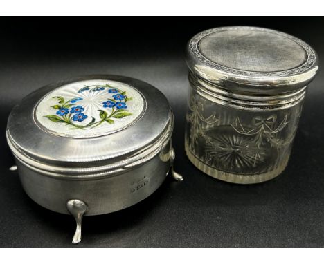 An early 20th century silver trinket box with a floral enamelled lid Birmingham 1911, together with a glass powder jar with a