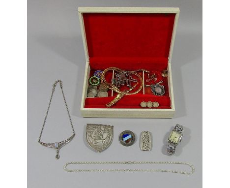 Collection of costume jewellery to include a University College Hospital white metal nurses buckle with motto 'Ratione Dirige