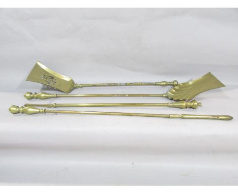 19th century brass fire tools, two pokers and two shovels. 