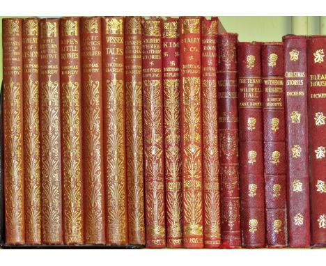 Classic collection of small red bound editions of Charles Dickens (pre 1910), Thomas Hardy (1920s), R L Stevenson (1907), Rud