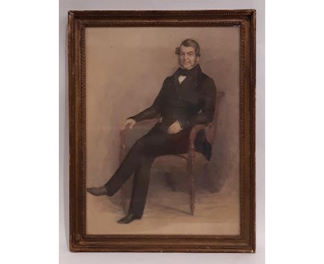 A full length portrait of a Georgian gentleman sitting in an armchair, watercolour on paper, unsigned, 45 x 33 cm, glazed in 