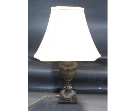 A contemporary vase shaped table lamp in a green marble effect finish, with a pagoda shaped shade, 40cm high approx 