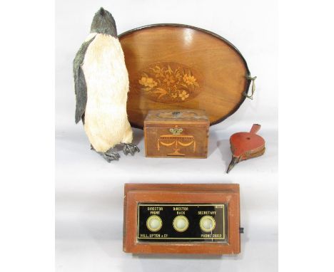 A miscellaneous collection of items including a Georgian tea caddy, an Edwardian mahogany tray, a phone call bell indicator, 