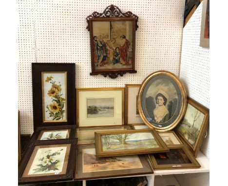 Ten Victorian paintings, a tapestry and three prints to include: Three oil on milk glass botanical studies, one initialled G.