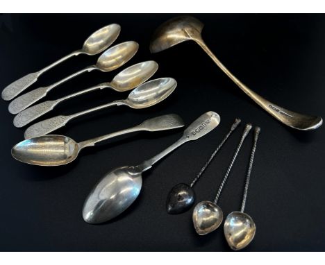 A mixed selection of silver items including a sugar sifter, an egg cup &amp; spoon, an engine turned 8 day clock, two silver 