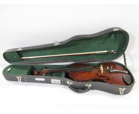 A Stradivarius type violin lacks chin rest, possibly made in China, with an un-marked bow, with case made in China, 58.5cm ov