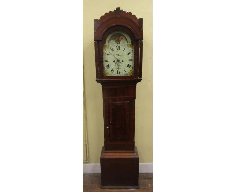 Regency mahogany longcase clock with string banded inlay, the arched and painted dial subsidiary calendar and secondary dials