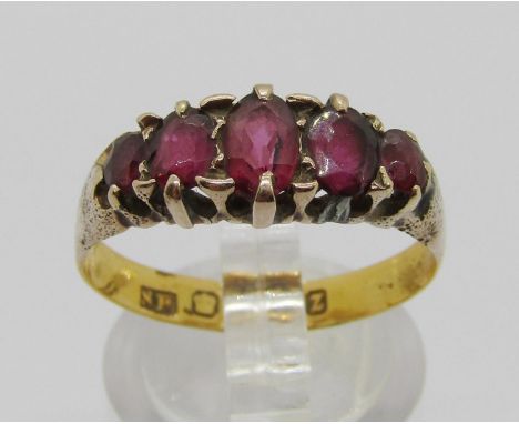 Five stone garnet ring, size R, 3g (shank refashioned from a 22ct wedding ring) 