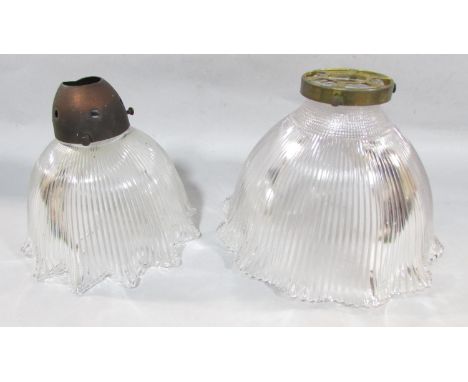 Two ribbed and crimped glass light shades. 
