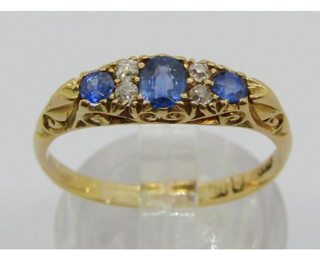 Antique 18ct sapphire and diamond ring, marks worn, size Q/R, 2.9g 