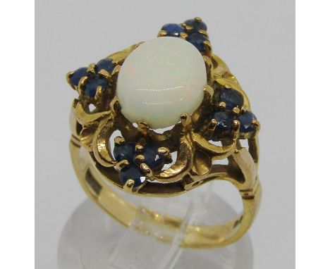 Vintage 9ct cabochon opal and sapphire cluster quatrefoil dress ring, size M, 5.2g 