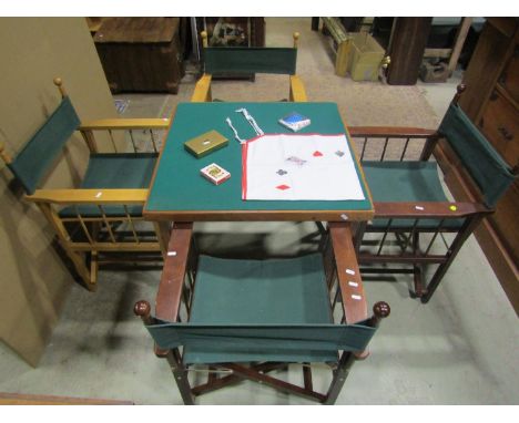 A simple wooden folding card table with baize top together with four accompanying folding directors type chairs and various p