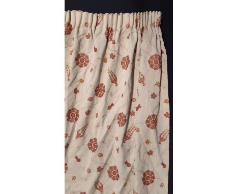 2 pairs contemporary curtains with a woven pattern of copper shades on cream ground, lined with pencil pleat heading. One pai