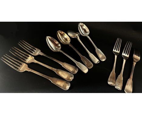 A selection of mainly Scottish 19th century silver flatware, hallmarked Glasgow, nine forks and six spoons, 27oz approx 