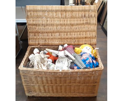 Large hamper (80x44x44cm) containing a collection of colourful hand crafted rag dolls (20) including gender diverse dolls, an