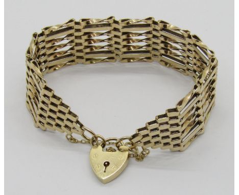 Vintage 9ct twisted gate link bracelet with heart padlock clasp, 27.3g 