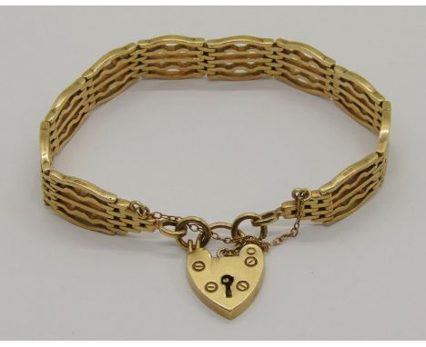 Vintage 9ct gate link bracelet with heart padlock clasp, 22.6g 