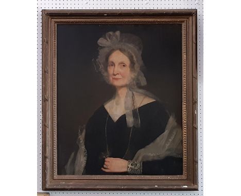 British School, 19th Century - Half portrait of a lady wearing a lace trip bonnet holding a looking glass, oil on canvas, uns