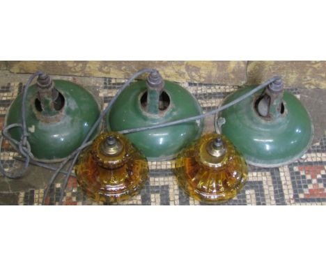 Trio enamel light shades and amber glass pair