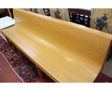 A solid and veneered beech cafe bench, second half 20th century, 85cm high, 218cm long, 50.5cm deep